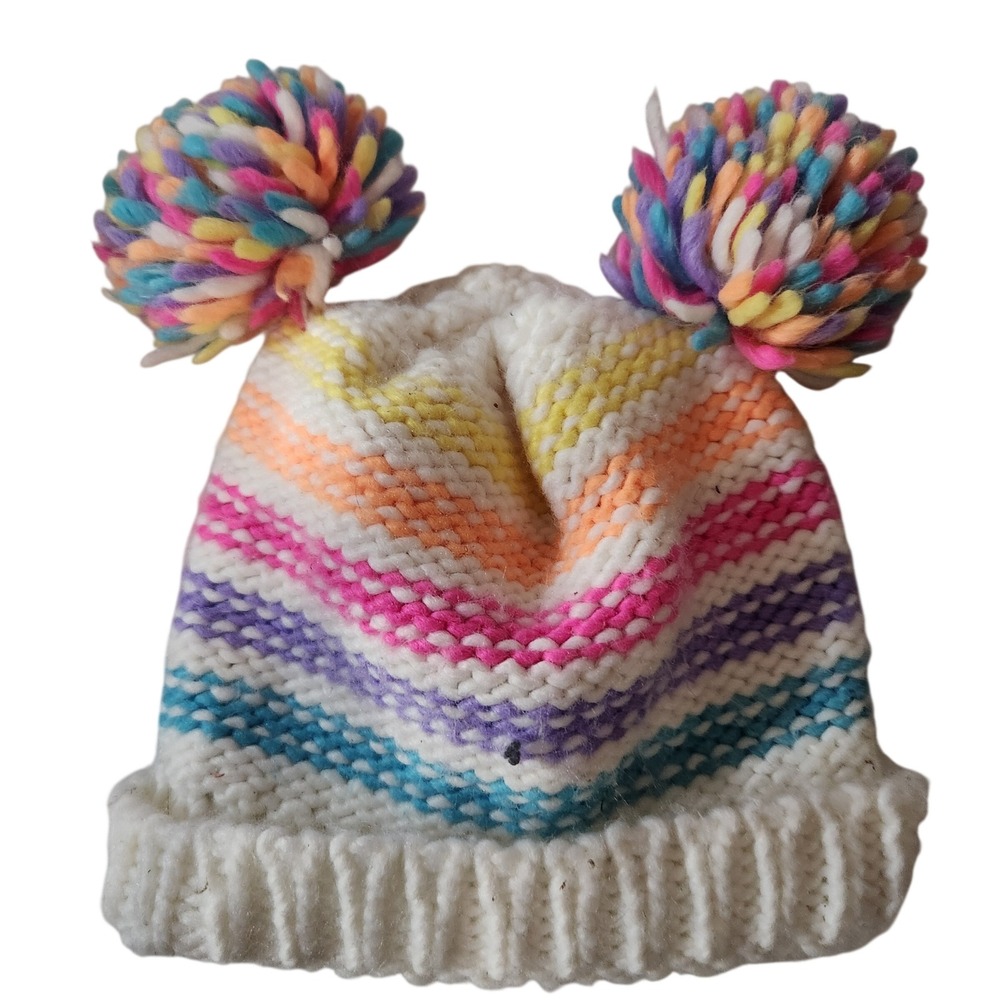 Capelli New York Rainbow Striped Beanie Hat Double Pom Poms‎ White baby